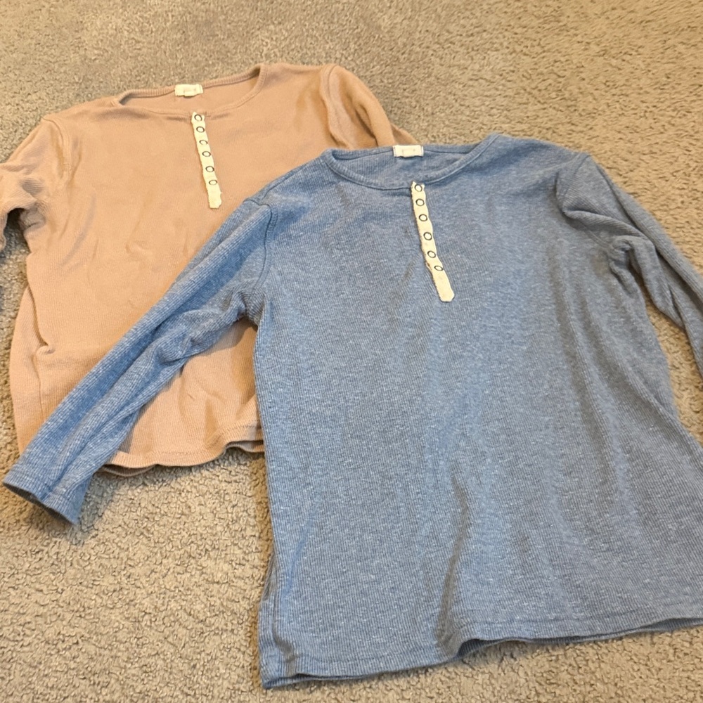Lil legs lot of 2 Kids 3/4 sleeve size 12 Button Henley Shirt - Blue and Tan